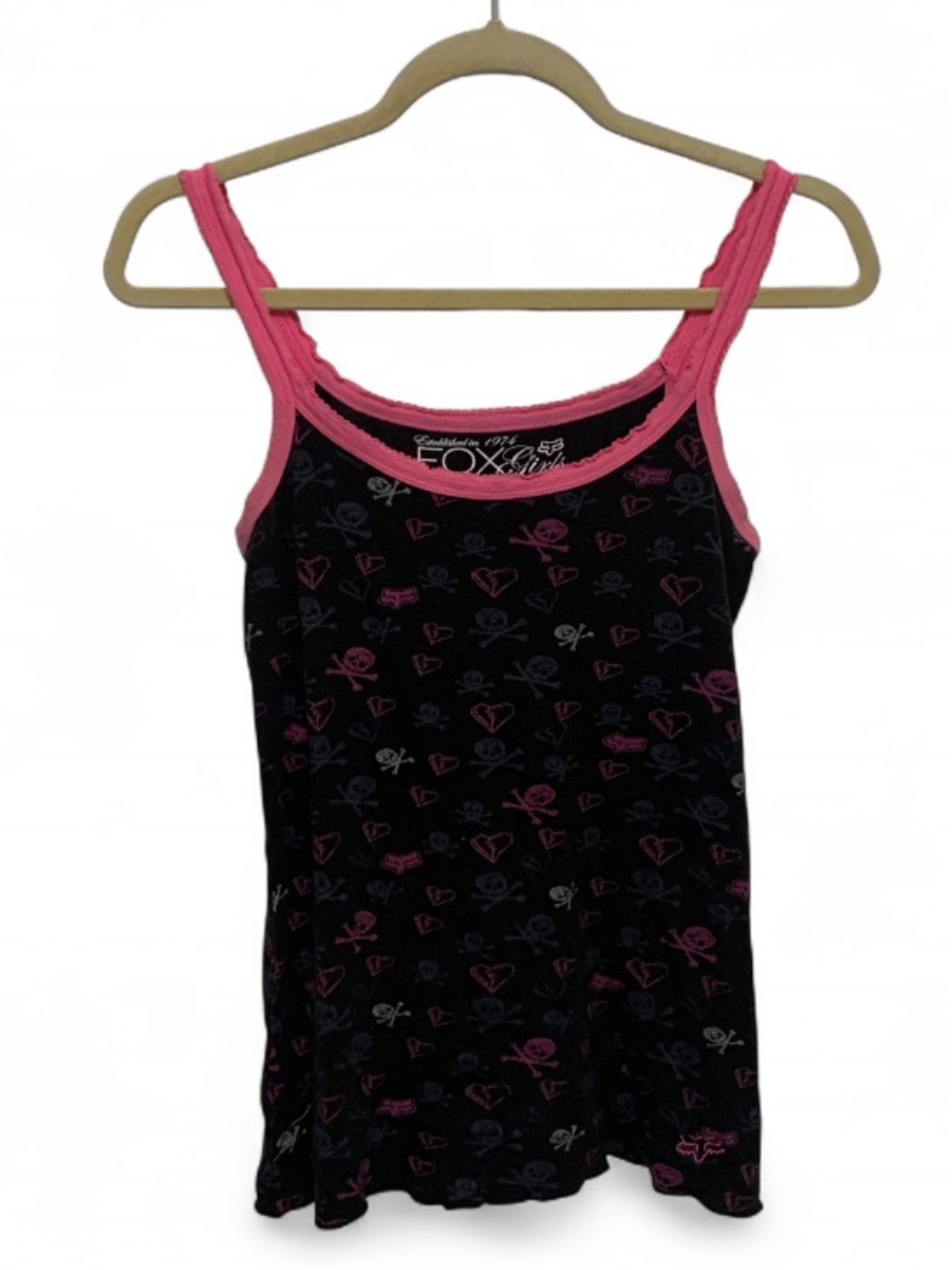 Y2K Fox Girls Black & Pink Skull Heart Patterned Tank Top